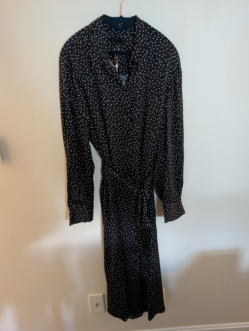 Quince Washable Stretch Silk Maxi Shirt Dress Tiny Dot Black White XL NWT